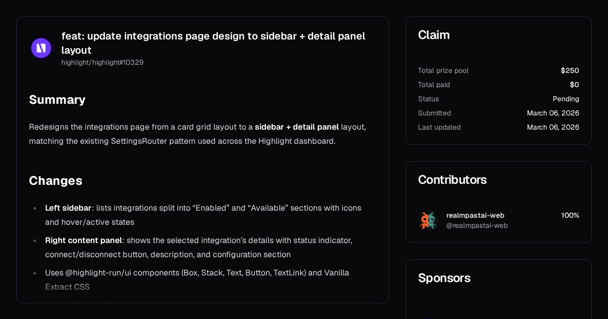 feat: update integrations page design to sidebar + detail panel layout ...