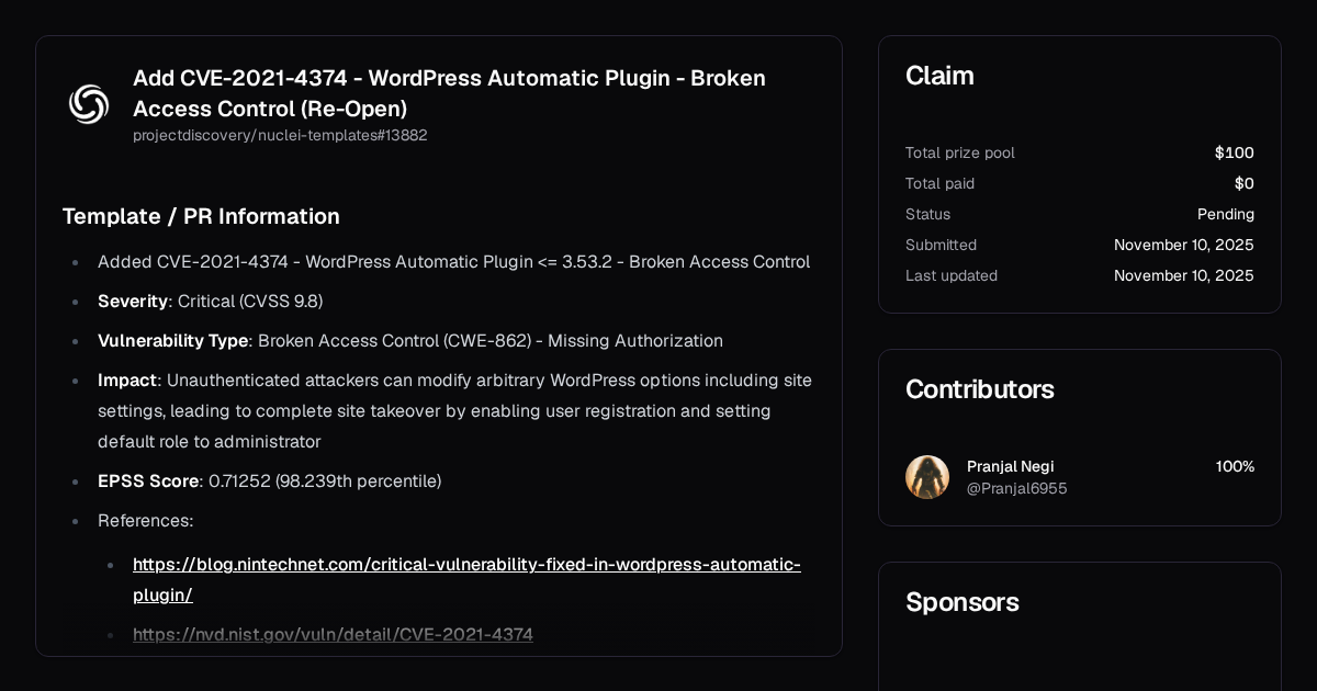 Add CVE-2021-4374 - WordPress Automatic Plugin - Broken Access Control ...