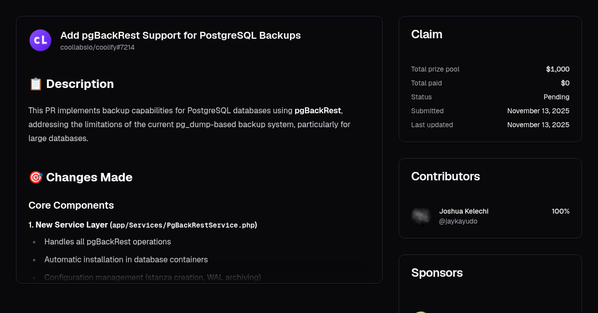 Add pgBackRest Support for PostgreSQL Backups | Algora