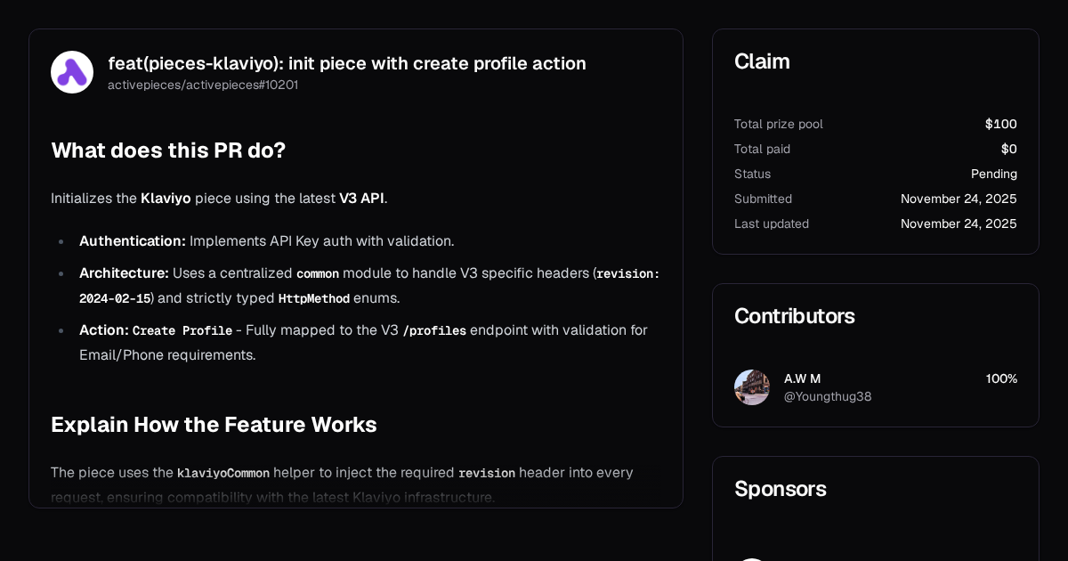 feat(pieces-klaviyo): init piece with create profile action | Algora