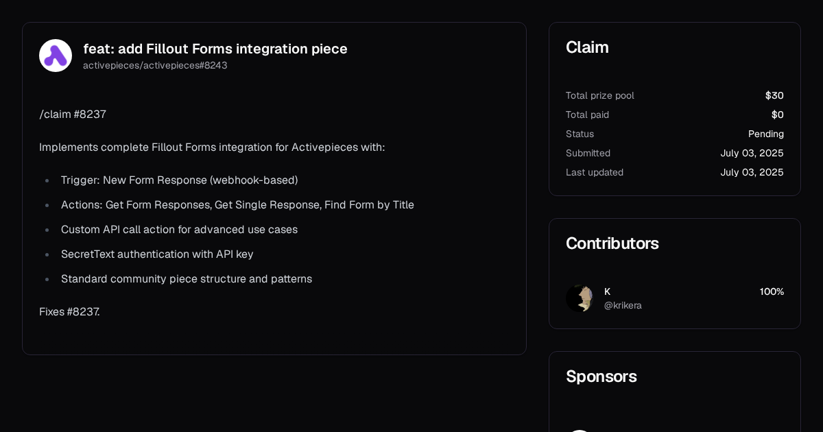feat: add Fillout Forms integration piece | Algora