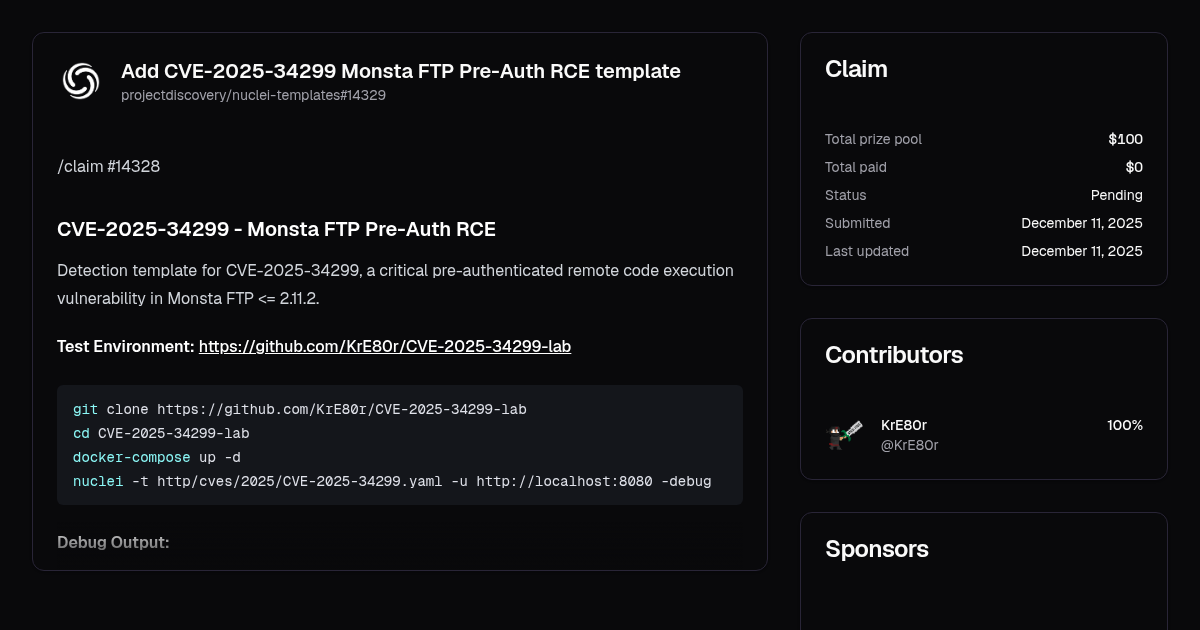 Add CVE-2025-34299 Monsta FTP Pre-Auth RCE template | Algora