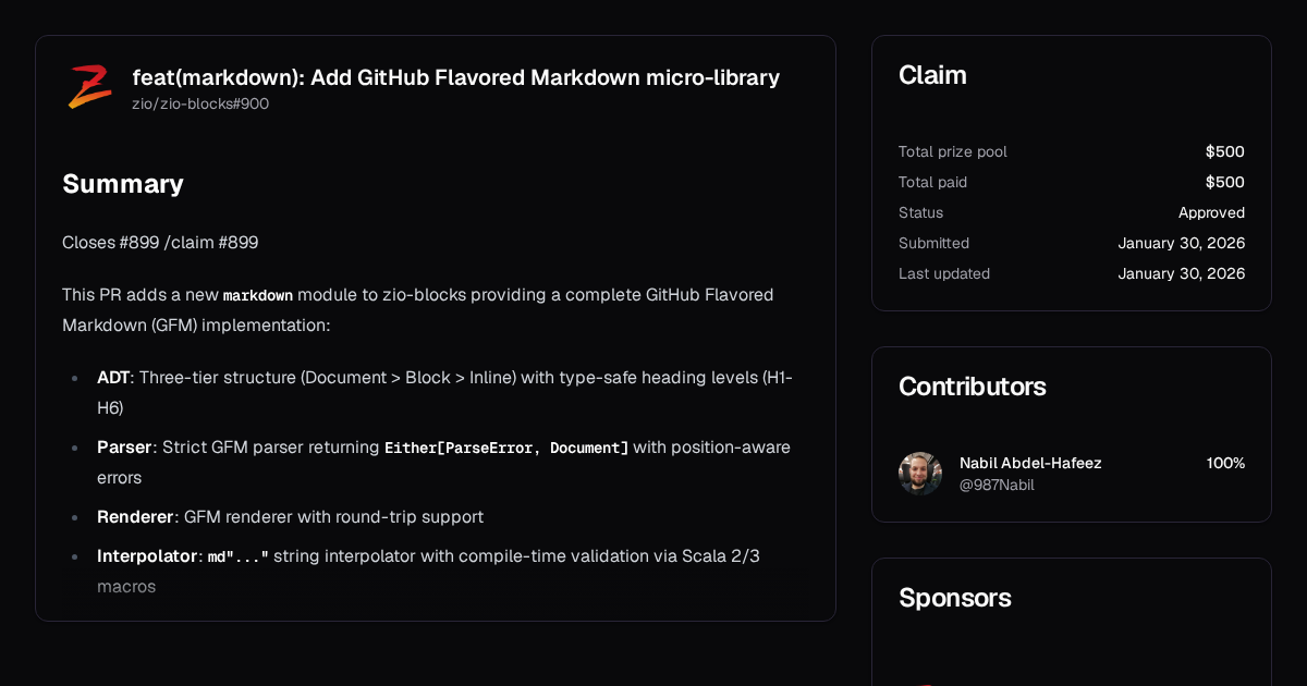 feat(markdown): Add GitHub Flavored Markdown micro-library | Algora