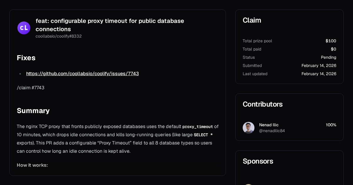 feat: configurable proxy timeout for public database connections | Algora