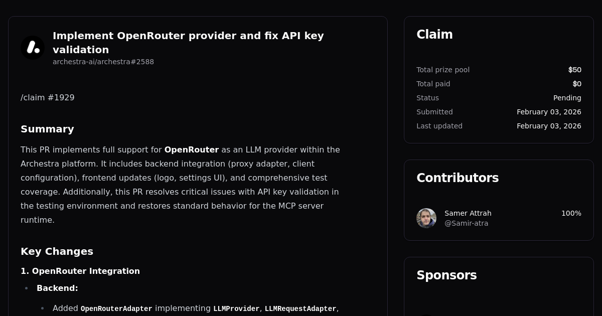 Implement OpenRouter provider and fix API key validation | Algora