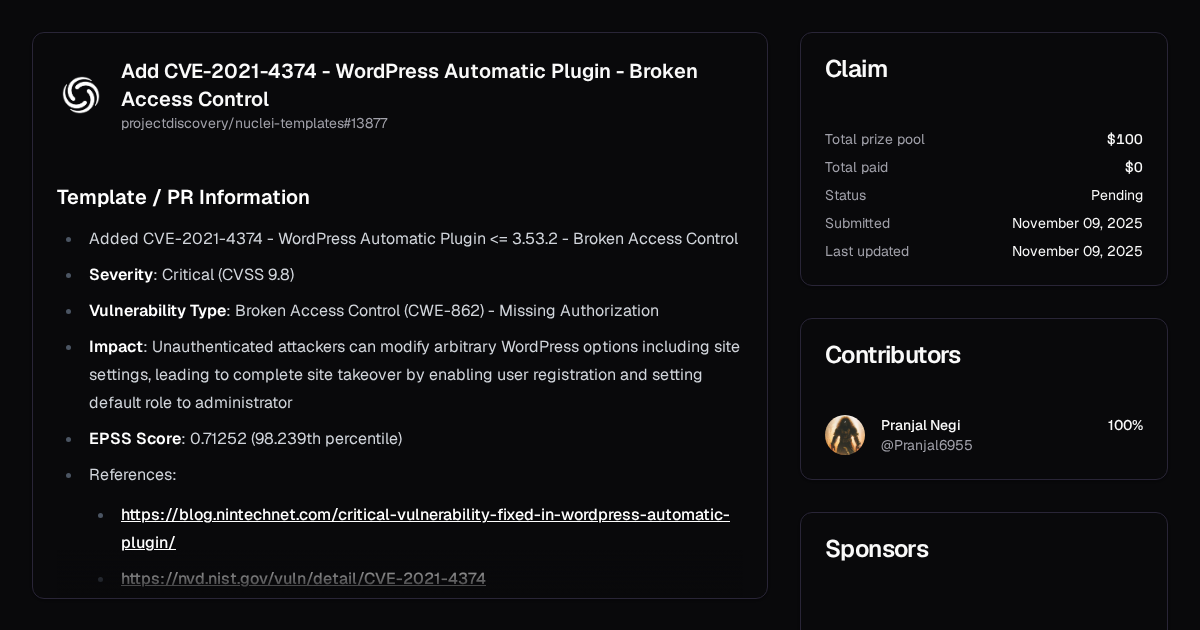 Add CVE-2021-4374 - WordPress Automatic Plugin - Broken Access Control ...