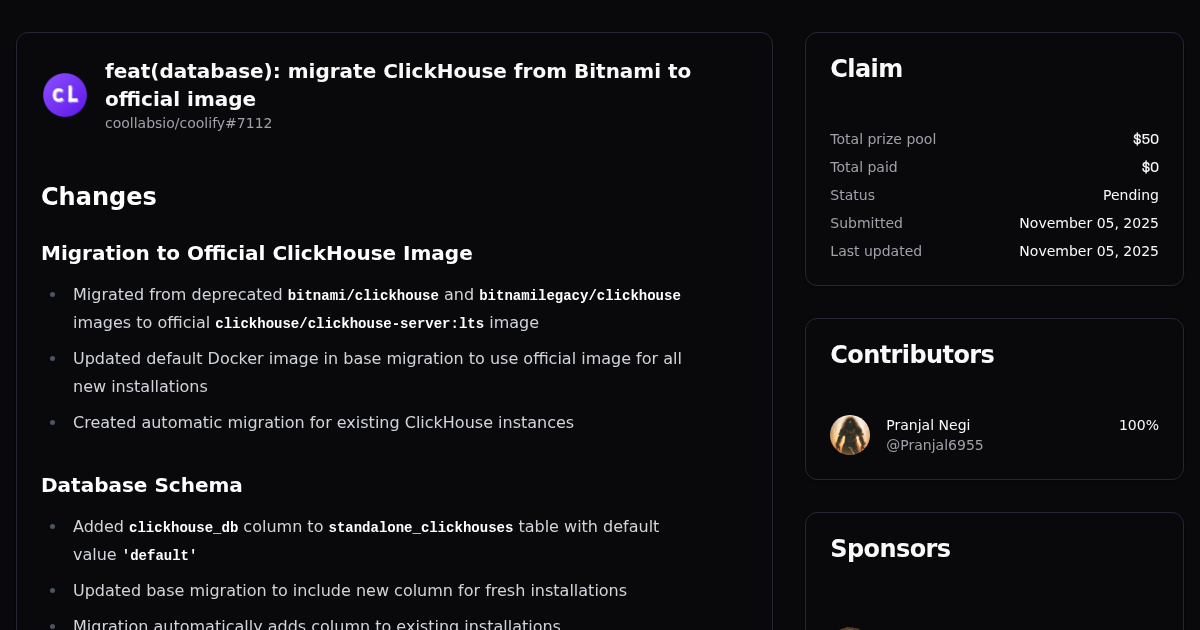 feat(database): migrate ClickHouse from Bitnami to official image | Algora