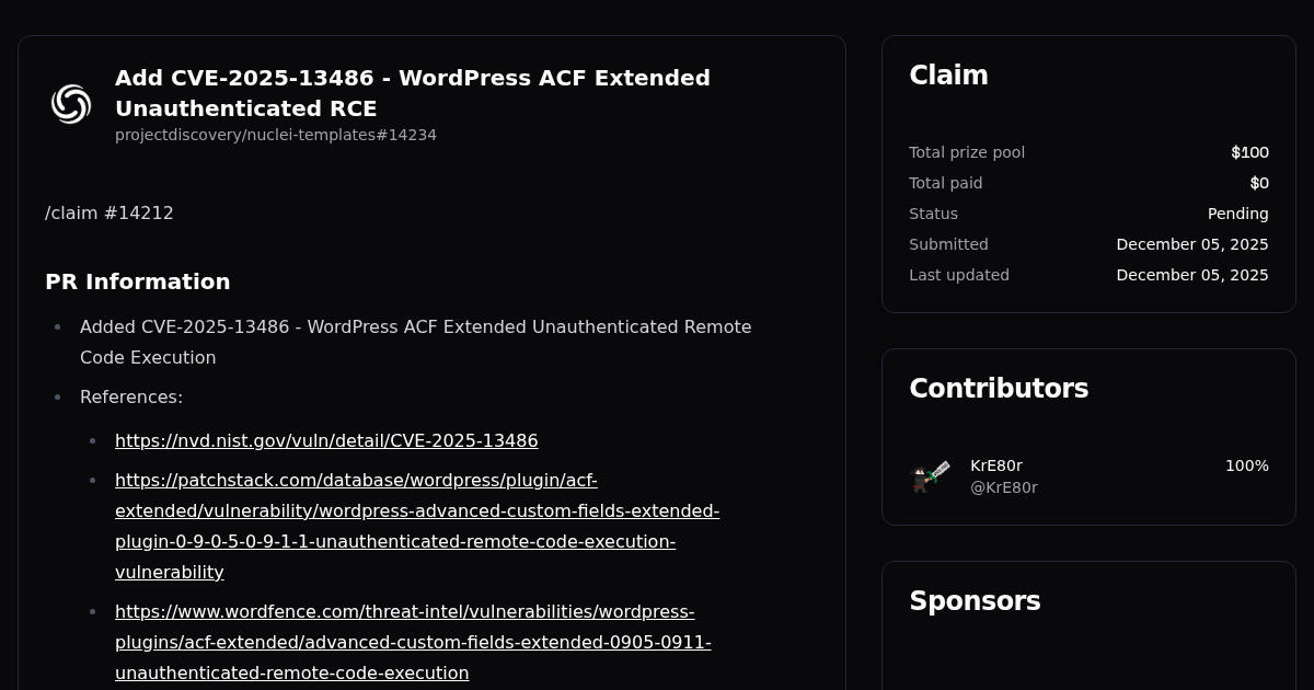 Add CVE-2025-13486 - WordPress ACF Extended Unauthenticated RCE | Algora