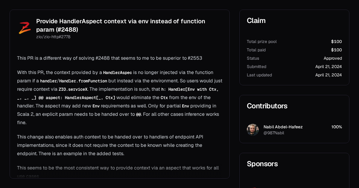 Provide HandlerAspect context via env instead of function param (#2488 ...