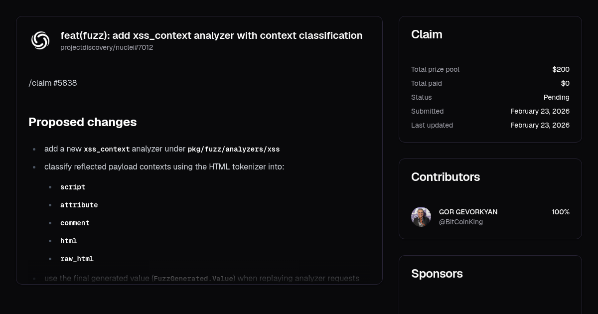 feat(fuzz): add xss_context analyzer with context classification | Algora