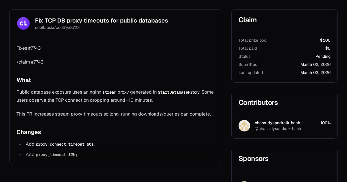 Fix TCP DB proxy timeouts for public databases | Algora
