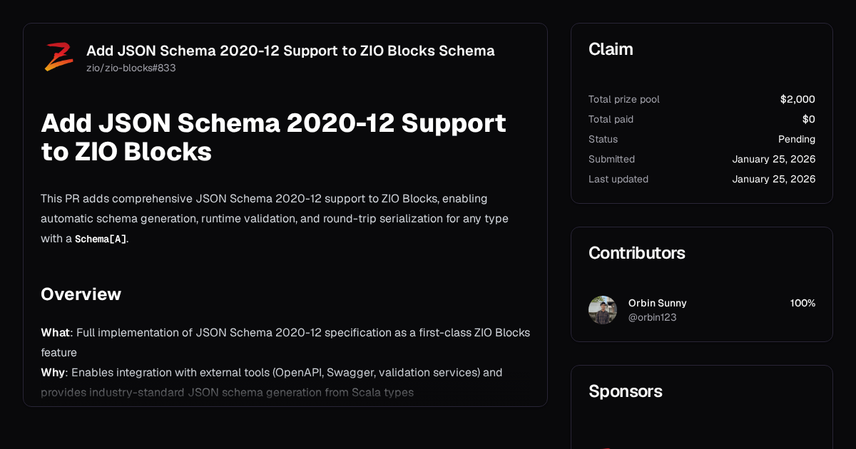 Add JSON Schema 2020-12 Support to ZIO Blocks Schema | Algora