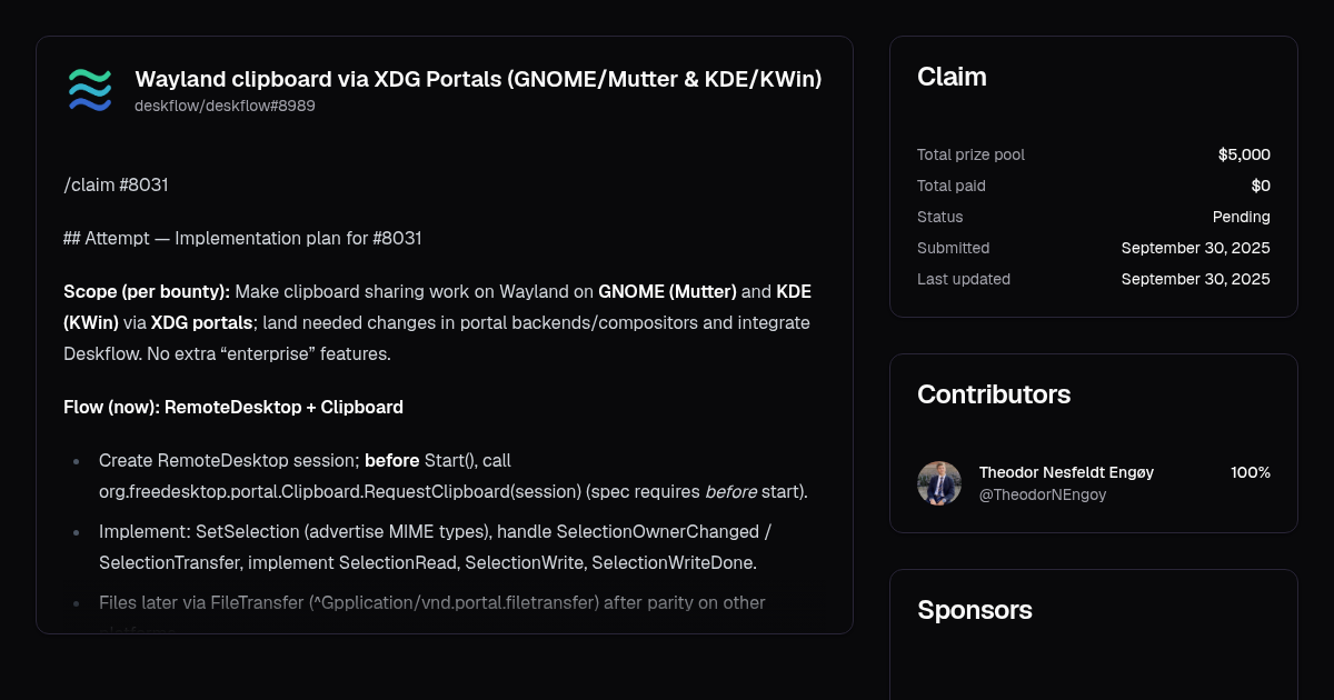 Wayland clipboard via XDG Portals (GNOME/Mutter & KDE/KWin) | Algora