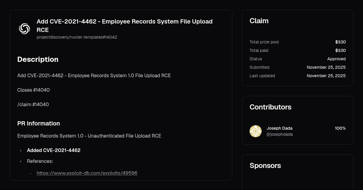 Add CVE-2021-4462 - Employee Records System File Upload RCE | Algora
