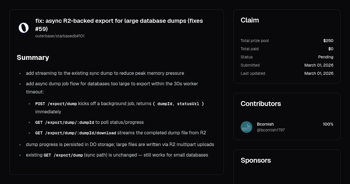 fix: async R2-backed export for large database dumps (fixes #59) | Algora