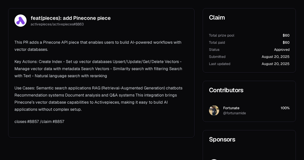 feat(pieces): add Pinecone API integration with vector operations | Algora