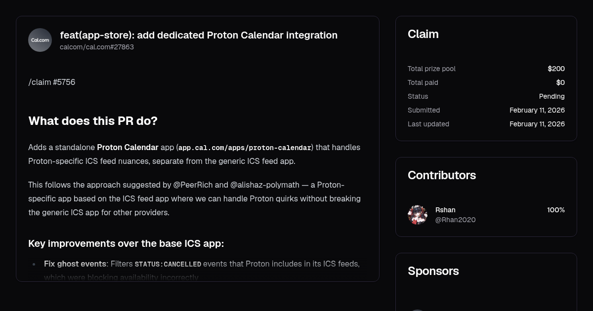 feat(app-store): add dedicated Proton Calendar integration | Algora