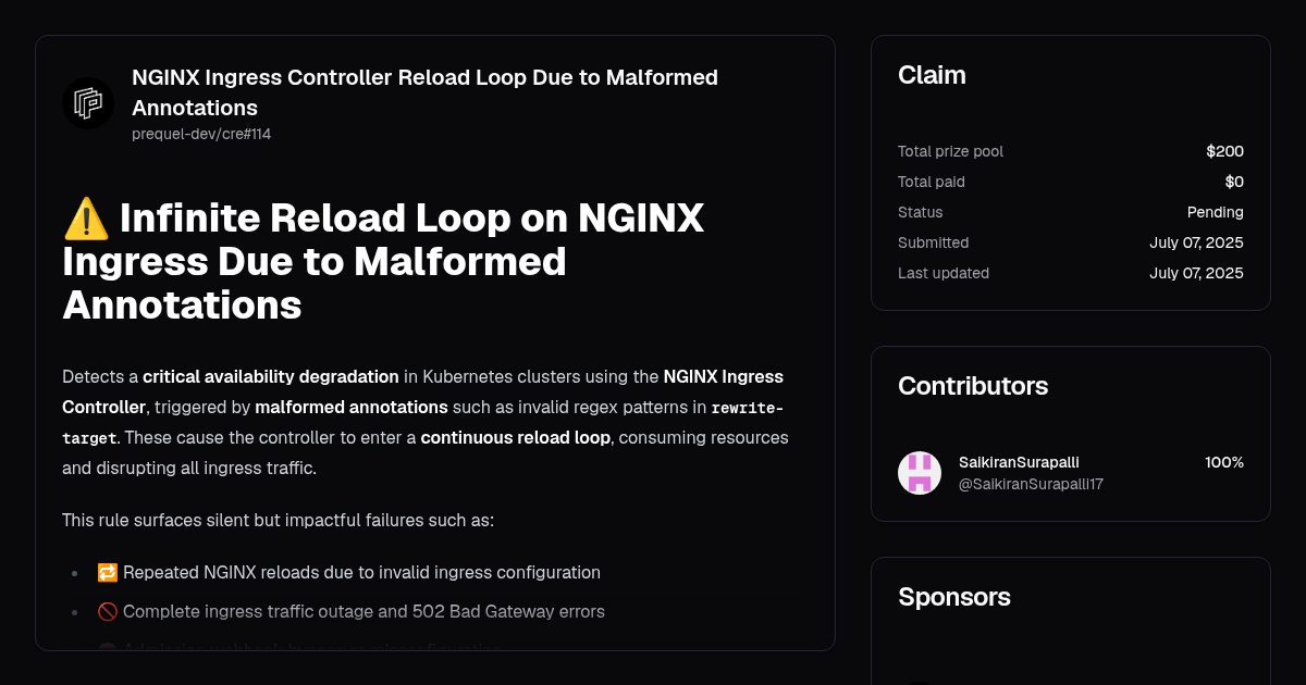 NGINX Ingress Controller Reload Loop Due to Malformed Annotations | Algora