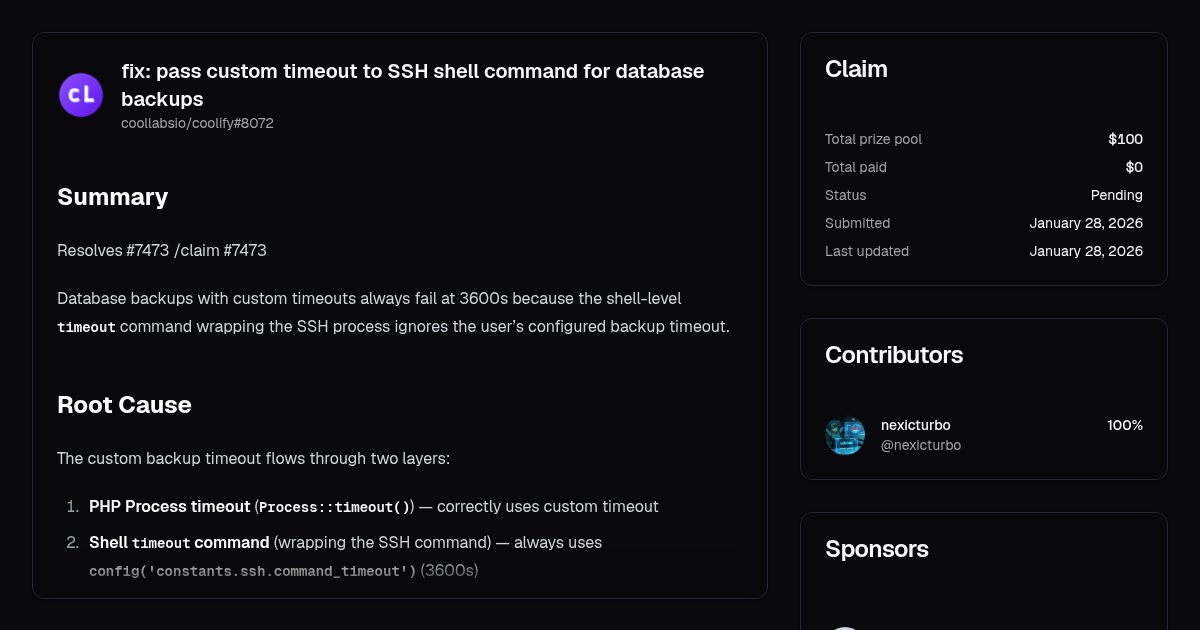 fix: pass custom timeout to SSH shell command for database backups | Algora
