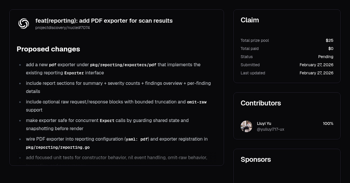 feat(reporting): add PDF exporter for scan results | Algora