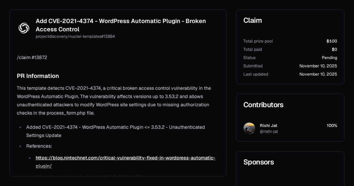 Add CVE-2021-4374 - WordPress Automatic Plugin - Broken Access Control ...